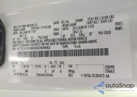 2016 Ford F-150 Xlt из США, поврежденный, VIN 1FTEX1C86GKD65662